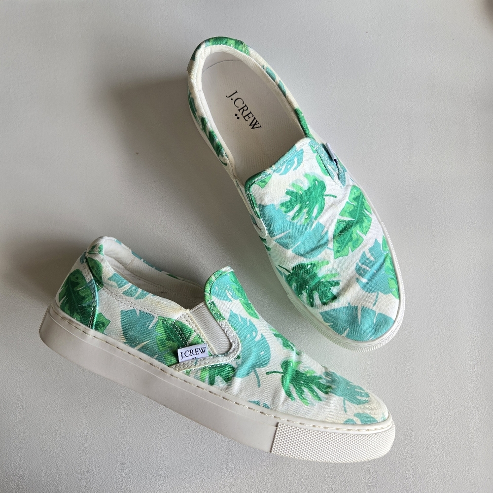 J.Crew Palm Leaf Slip-On Sneakers Women's 8.5 Coastal Preppy Tropical Hawaiian